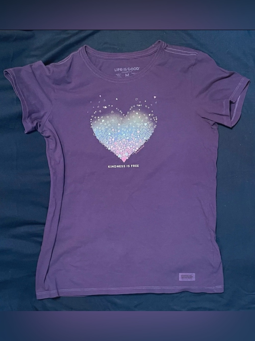 Life is Good Kindness Is Free Heart Graphic Purple Tee Shirt (Size M)
